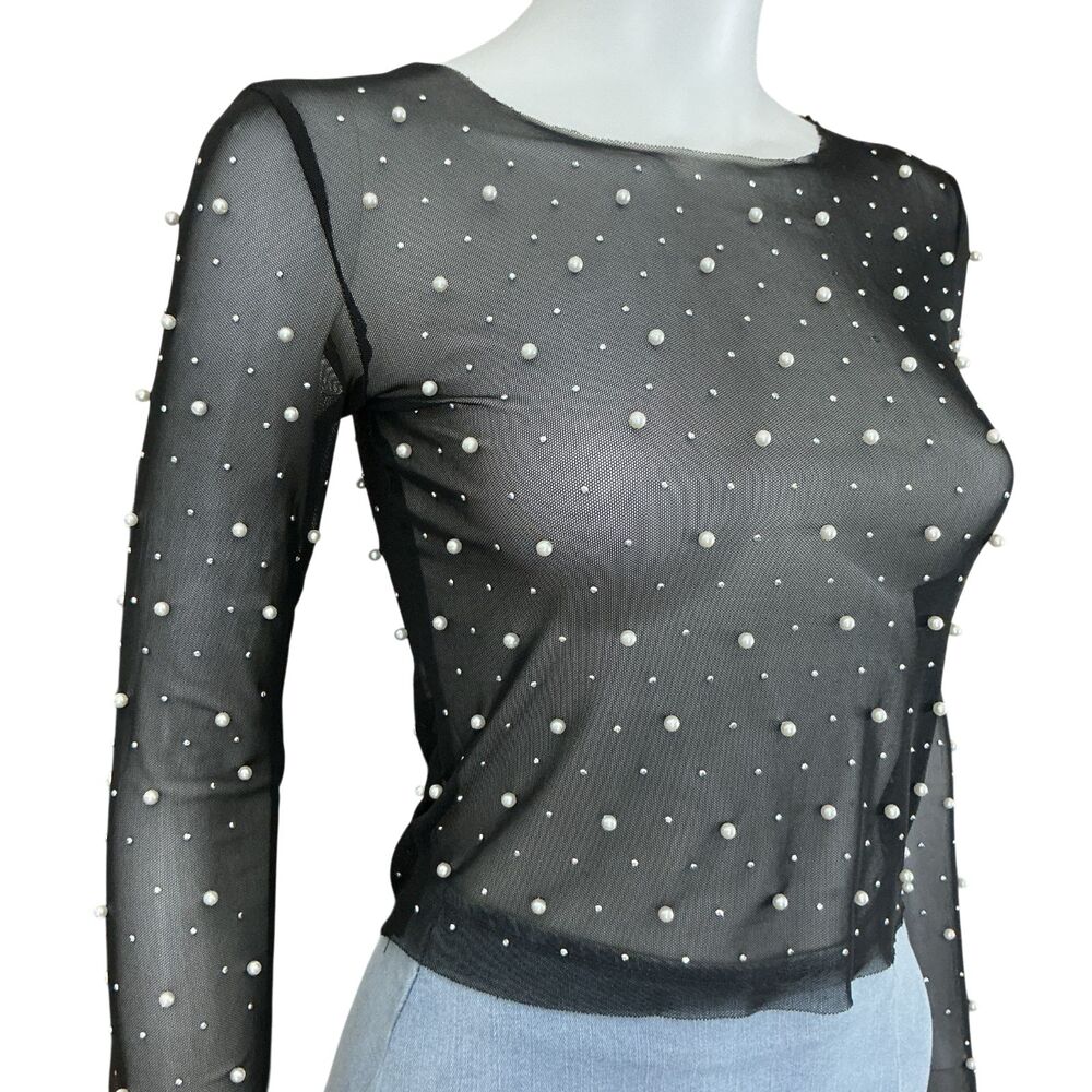 Womens Black Mesh Top S Beaded Rhinestone Pearls Goth Rave Disco Whimsigoth Y2K